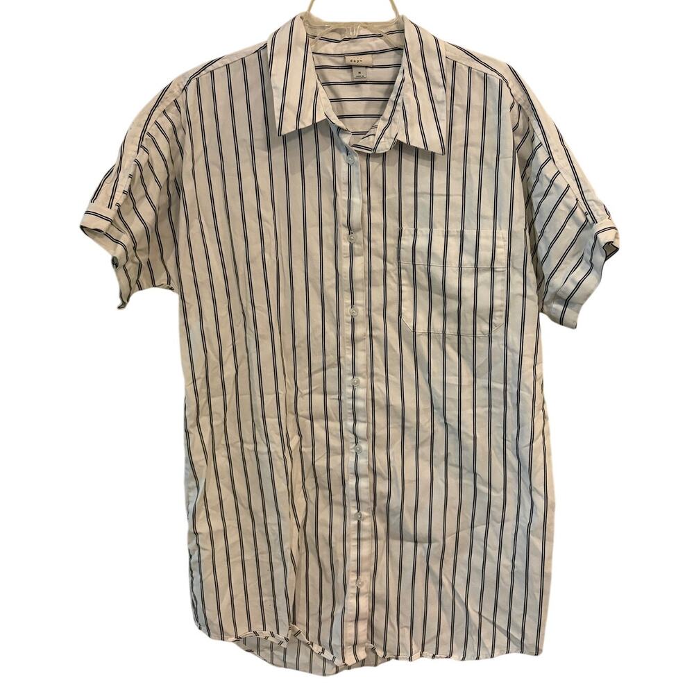 a new day White and Navy Vertical Stripe Button-Up Short Sleeve Blouse